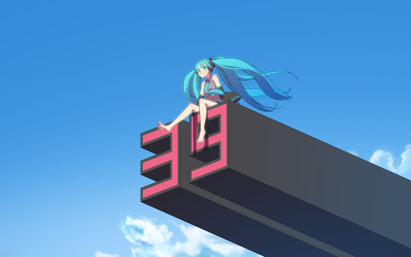 Anime picture 1920x1200 with vocaloid hatsune miku shapoco single long hair highres smile sitting twintails sky cloud (clouds) very long hair barefoot aqua eyes wind aqua hair bare legs wallpaper 39 girl