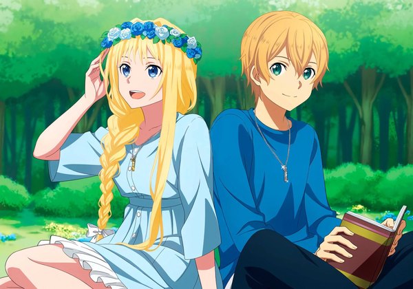 Anime picture 2048x1434 with sword art online sword art online: alicization a-1 pictures alice zuberg eugeo (sao) abec long hair looking at viewer fringe highres short hair open mouth blue eyes blonde hair smile hair between eyes sitting holding green eyes looking away