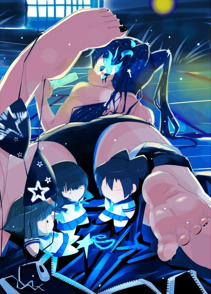 Anime picture 2618x3653 with black rock shooter tagme (character) black rock shooter (character) kuroi mato takanashi yomi str-natural long hair tall image fringe highres short hair light erotic twintails multiple girls ass lying barefoot aqua eyes glowing soles