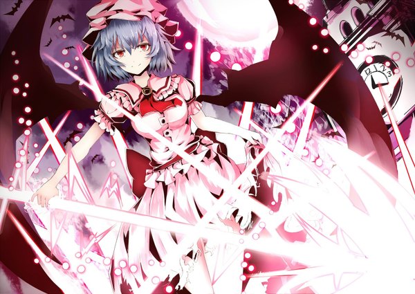 Anime picture 1694x1200 with touhou remilia scarlet chiruru96 single looking at viewer short hair smile red eyes blue hair puffy sleeves dress lift girl dress weapon frills bowtie bonnet clock bat clock tower