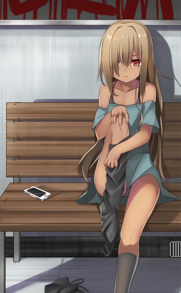 Anime picture 1000x1615 with original mahcdai single long hair tall image looking at viewer fringe highres light erotic red eyes brown hair sitting bare shoulders hair over one eye pantyshot dark skin pantyshot sitting undressing leg lift (legs lift) girl