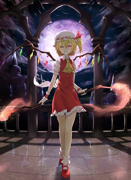 Anime picture 1000x1373 with touhou flandre scarlet shouin single tall image looking at viewer short hair blonde hair smile red eyes ponytail night night sky side ponytail girl weapon wings headdress bonnet full moon
