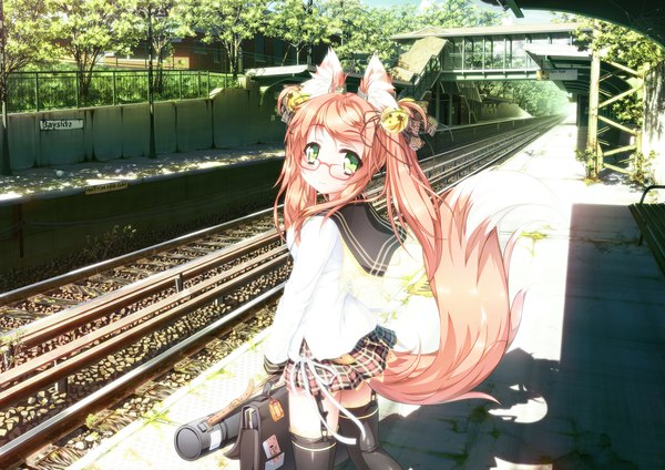 Anime picture 3507x2480 with original shiro dai kitsune single long hair looking at viewer highres blonde hair smile twintails holding green eyes animal ears absurdres sky tail animal tail looking back sunlight shadow zettai ryouiki