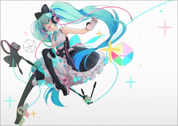 Anime picture 1453x1031 with vocaloid magical mirai (vocaloid) hatsune miku hakusai (tiahszld) single looking at viewer fringe open mouth simple background hair between eyes white background twintails very long hair :d aqua eyes aqua hair sleeveless platform heels girl dress