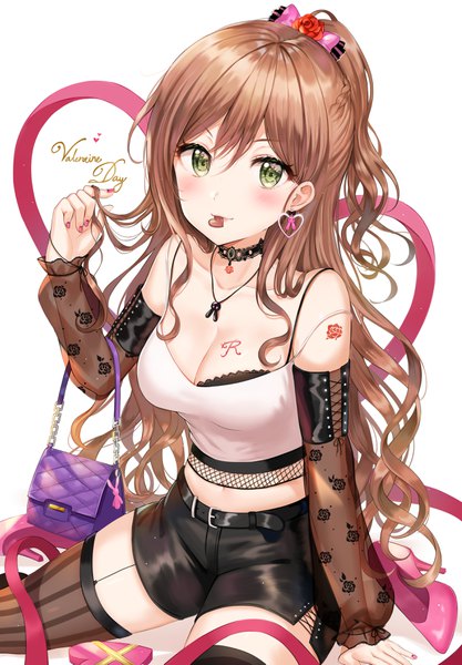 Anime picture 2538x3653 with bang dream! imai lisa tokkyu single long hair tall image looking at viewer blush fringe highres breasts light erotic simple background hair between eyes brown hair large breasts white background holding green eyes payot