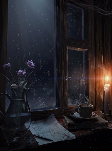 Anime picture 1850x2500 with original sylar113 tall image highres rain no people steam flower (flowers) water window book (books) cup fire paper candle (candles) plate vase coffee pencil