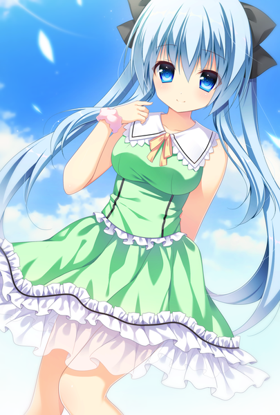 Anime-Bild 1034x1530 mit original nagisa rio single long hair tall image looking at viewer blush fringe breasts blue eyes hair between eyes large breasts standing twintails bare shoulders payot blue hair sky cloud (clouds) outdoors
