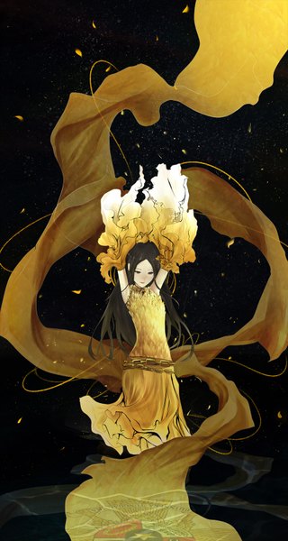 Anime picture 900x1688 with original humonster single long hair tall image black hair simple background long sleeves lips black eyes black background looking down dark background girl dress detached sleeves petals frills belt scarf