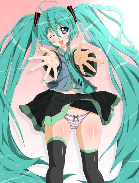 Anime picture 2480x3267 with vocaloid hatsune miku j (shining-next) single tall image highres open mouth light erotic twintails very long hair one eye closed aqua eyes wink aqua hair girl thighhighs skirt underwear panties black thighhighs