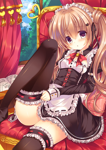 Anime picture 815x1150 with original moe2015 suzunone rena single long hair tall image looking at viewer blush light erotic brown hair twintails yellow eyes maid legs girl thighhighs dress uniform black thighhighs frills