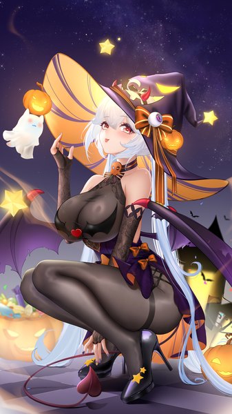 Anime picture 1080x1920 with original yile (liu liaoliao) liu liaoliao single tall image looking at viewer fringe breasts light erotic smile hair between eyes red eyes large breasts twintails full body white hair tail very long hair :o high heels