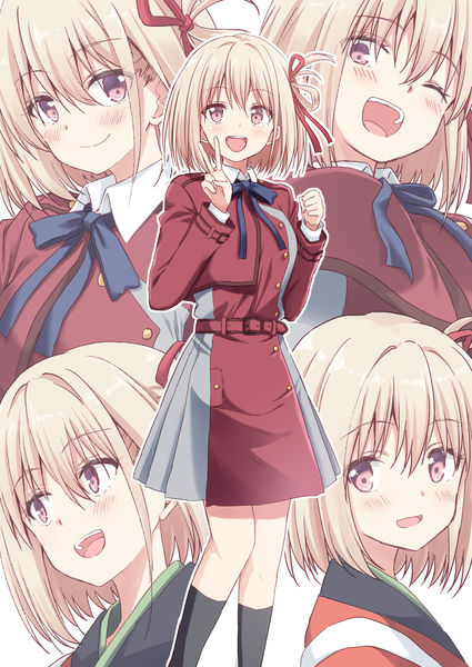 Anime picture 1254x1771 with lycoris recoil nishikigi chisato akane souichi tall image looking at viewer fringe short hair open mouth blonde hair smile hair between eyes purple eyes :d victory multiview ;d girl uniform ribbon (ribbons) hair ribbon