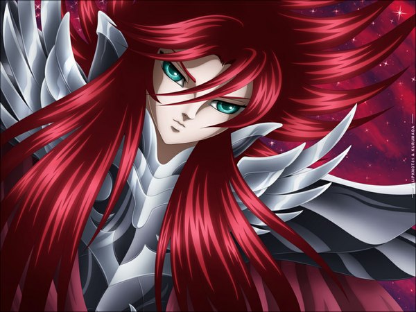 Anime picture 1150x864 with saint seiya toei animation shun hades slipknot31 single long hair red hair aqua eyes night sky coloring girl armor star (stars)