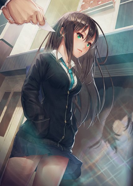 Anime picture 717x1006 with idolmaster idolmaster cinderella girls shibuya rin remana single long hair tall image looking at viewer blush fringe brown hair standing green eyes outdoors pleated skirt wind from below thighs open collar hands in pockets