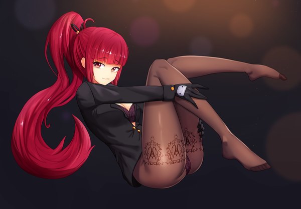 Anime picture 1500x1047 with dungeon and fighter daydream (zhdkffk21) single looking at viewer fringe light erotic simple background red eyes payot full body ahoge bent knee (knees) ass ponytail red hair blunt bangs long sleeves very long hair head tilt lips