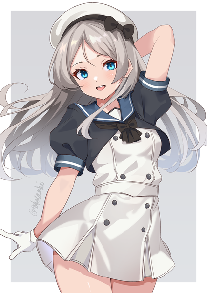 Anime picture 2894x4093 with kantai collection javelin destroyer javelin (kancolle) toketa-sekai single long hair tall image looking at viewer highres open mouth blue eyes simple background standing signed :d grey hair grey background puffy sleeves twitter username border