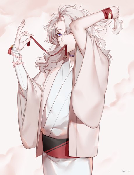Anime picture 842x1100 with original inanome me single long hair tall image looking at viewer fringe standing purple eyes holding white hair traditional clothes japanese clothes horn (horns) hair over one eye mouth hold oni horns holding hair ribbon in mouth oni