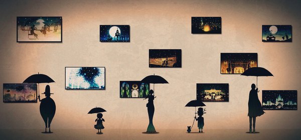 Anime picture 1500x700 with snow white (solaris clock) solaris clock harada miyuki wide image standing holding from behind silhouette girl dress boy animal umbrella cape child (children) picture
