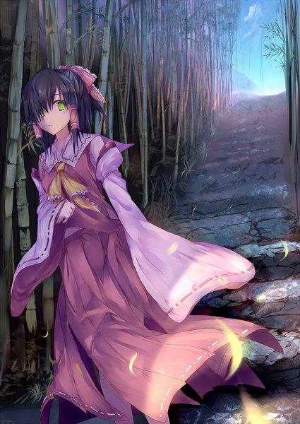 Anime picture 800x1130 with touhou hakurei reimu jebura single tall image looking at viewer short hair black hair green eyes girl dress skirt bow plant (plants) hair bow detached sleeves skirt set stairs bamboo