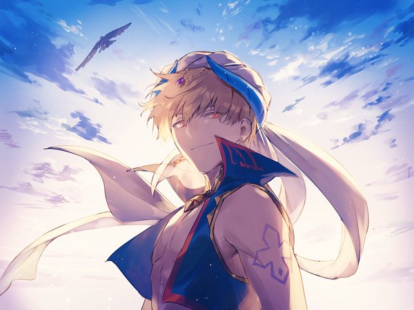 Anime picture 2048x1536 with fate (series) fate/grand order gilgamesh (fate) gilgamesh (caster) (fate) bikkusama single looking at viewer fringe highres short hair blonde hair hair between eyes red eyes sky cloud (clouds) upper body tattoo boy animal headdress