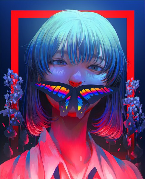 Anime-Bild 1378x1700 mit original wataboku single tall image looking at viewer fringe short hair blue eyes simple background hair between eyes blue hair upper body head tilt blue background framed covered mouth girl flower (flowers) shirt insect
