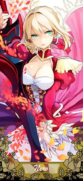 Anime picture 400x865 with fate (series) fate/extra type-moon nero claudius (fate) (all) nero claudius (fate) cocorip (riprip) single tall image fringe short hair blonde hair green eyes looking away cleavage ahoge wind underbust girl dress ribbon (ribbons)