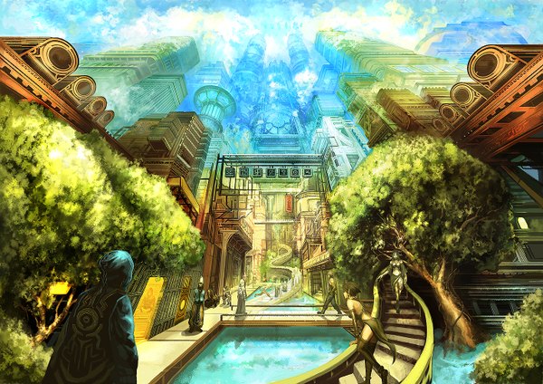 Anime picture 1414x1000 with original shukei long hair short hair multiple girls sky cloud (clouds) from behind fantasy scenic street architecture girl boy skirt plant (plants) hat tree (trees) water hood