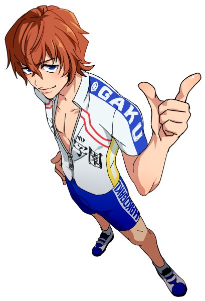 Anime picture 818x1200 with yowamushi pedal shinkai hayato natsuko (bluecandy) single tall image looking at viewer blush fringe short hair blue eyes simple background smile hair between eyes brown hair standing white background full body from above hand on hip pointing