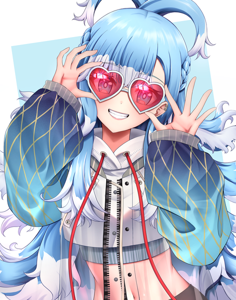 Anime picture 4180x5322 with virtual youtuber hololive hololive indonesia kobo kanaeru sei joshikou single long hair tall image looking at viewer fringe highres smile blue hair absurdres upper body long sleeves head tilt multicolored hair two-tone hair midriff