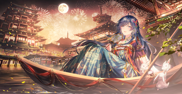 Anime picture 6089x3150 with original junpaku karen single long hair looking at viewer blush fringe highres open mouth blue eyes smile hair between eyes wide image sitting blue hair absurdres full body outdoors nail polish traditional clothes