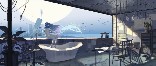 Anime picture 1920x817 with original kurohal single highres light erotic wide image blue hair full body eyes closed very long hair nude wind ruins doll joints post-apocalyptic girl plant (plants) animal wings bird (birds)