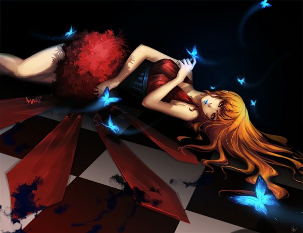 Anime picture 1024x791 with unodu single long hair red eyes lying orange hair lipstick glowing checkered floor girl dress insect butterfly