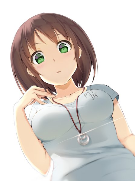 Anime picture 745x1000 with idolmaster idolmaster cinderella girls harada miyo fay (fay axl) single tall image looking at viewer blush fringe short hair breasts open mouth simple background brown hair white background green eyes upper body sparkle from below short sleeves