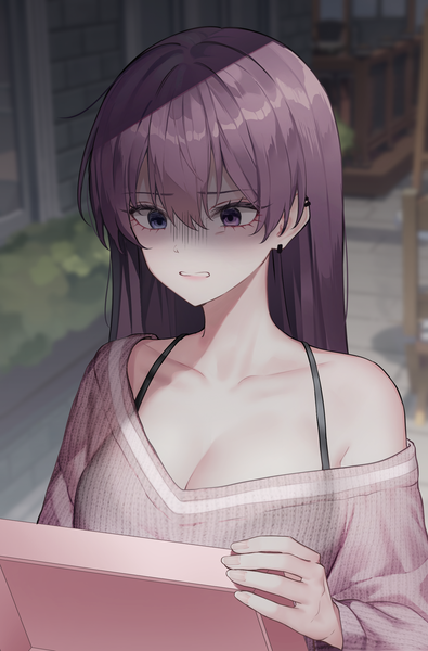 Anime picture 1759x2674 with original luxiel single long hair tall image fringe highres breasts blue eyes hair between eyes large breasts purple eyes bare shoulders cleavage purple hair upper body outdoors off shoulder heterochromia grin