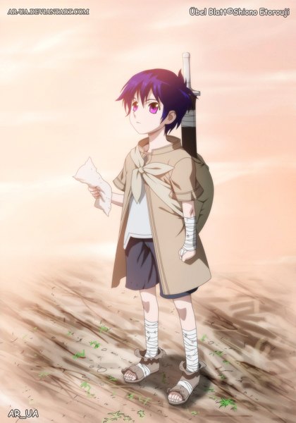 Anime-Bild 1000x1429 mit ubel blatt (manga) ar-ua single tall image short hair sky purple hair cloud (clouds) pink eyes sunlight coloring boy weapon sword shorts bandage (bandages) backpack