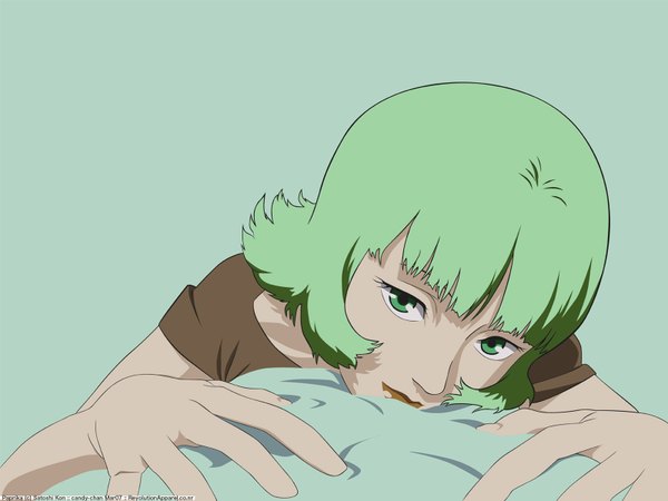 Anime picture 1600x1200 with paprika madhouse paprika (character) single looking at viewer fringe short hair simple background green eyes green hair wallpaper lipstick portrait green background girl