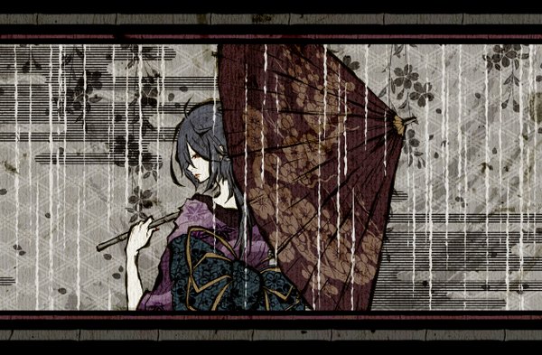 Anime picture 2500x1639 with original shuu iori (artist) single long hair highres black hair ahoge japanese clothes looking back pale skin texture girl kimono umbrella