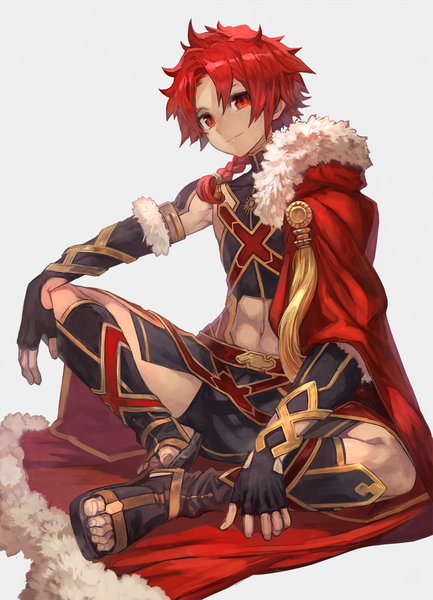 Anime picture 1084x1500 with fate (series) fate/grand order alexander (fate/grand order) lack single long hair tall image simple background red eyes sitting looking away full body red hair braid (braids) light smile grey background single braid shaded face indian style boy