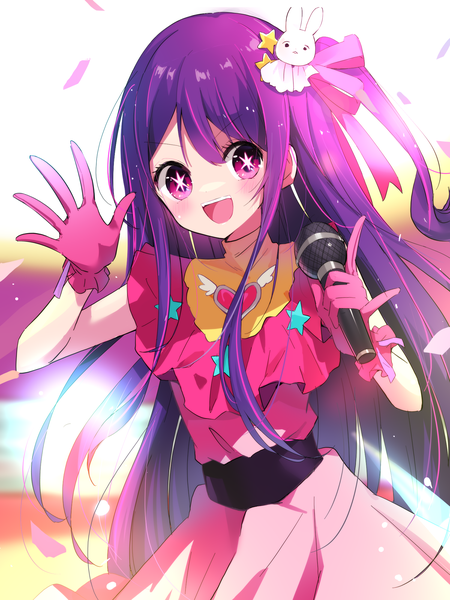 Anime picture 1500x2000 with oshi no ko hoshino ai (oshi no ko) amagasa nadame single long hair tall image looking at viewer open mouth purple eyes purple hair :d one side up symbol-shaped pupils waving mmm girl dress gloves hair ornament star (symbol)
