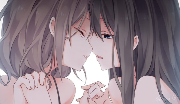 Anime picture 1000x583 with original kuroi (liar-player) long hair fringe short hair open mouth blue eyes light erotic hair between eyes brown hair wide image white background multiple girls signed payot upper body eyes closed parted lips grey hair holding hands