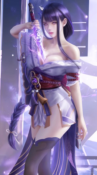Anime picture 3900x7000 with genshin impact raiden shogun wickellia single long hair tall image looking at viewer fringe highres breasts light erotic large breasts standing purple eyes holding signed payot absurdres purple hair blunt bangs