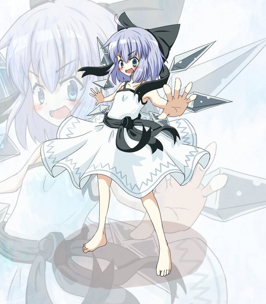 Anime picture 1400x1600 with touhou cirno xiao wuzei meng single tall image looking at viewer blush short hair open mouth blue eyes simple background standing purple hair full body ahoge :d barefoot alternate costume spread arms zoom layer