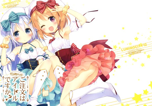 Anime picture 4718x3300 with gochuumon wa usagi desu ka? white fox kafuu chino hoto cocoa kani biimu looking at viewer blush highres open mouth blue eyes light erotic smile purple eyes bare shoulders multiple girls absurdres purple hair ass one eye closed scan