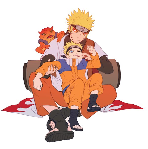 Anime picture 800x804 with naruto studio pierrot naruto (series) uzumaki naruto gamakichi hahihu1782 tall image short hair open mouth blue eyes simple background blonde hair white background sitting full body bent knee (knees) one eye closed multiple boys orange eyes facial mark