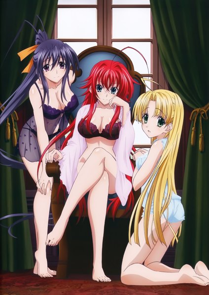 Anime picture 4930x6978 with highschool dxd rias gremory himejima akeno asia argento mishima hiroji long hair tall image looking at viewer highres breasts blue eyes light erotic blonde hair large breasts sitting purple eyes multiple girls green eyes absurdres purple hair