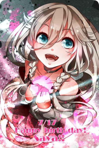 Anime picture 1000x1500 with vocaloid ia (vocaloid) nou single long hair tall image open mouth blonde hair bare shoulders braid (braids) aqua eyes from above inscription character names happy birthday girl choker