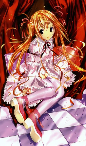 Anime picture 2060x3490 with ozaki hiroki single long hair tall image looking at viewer highres open mouth light erotic blonde hair red eyes sitting twintails frilled dress checkered floor girl thighhighs dress underwear panties ribbon (ribbons)