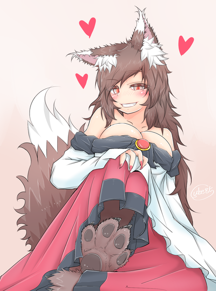 Anime picture 1129x1518 with touhou imaizumi kagerou cube85 single long hair tall image looking at viewer blush breasts light erotic simple background smile red eyes brown hair large breasts bare shoulders signed animal ears cleavage tail