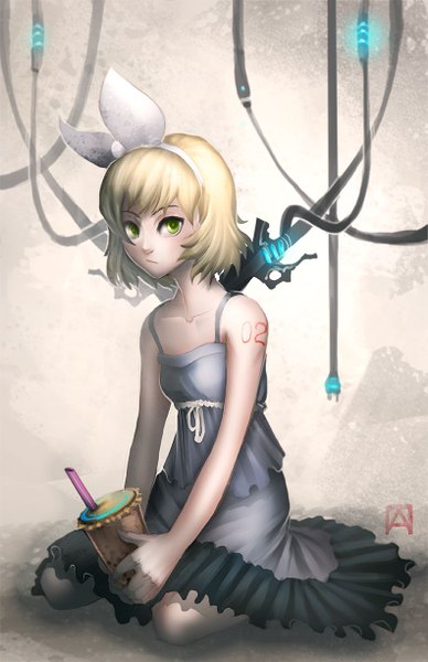 Anime picture 792x1224 with vocaloid kagamine rin pechan (artist) single tall image looking at viewer short hair blonde hair green eyes tattoo girl dress bow hair bow