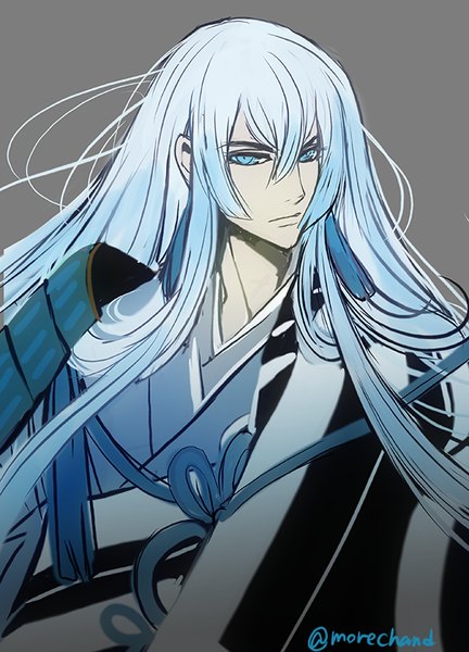 Anime picture 577x800 with touken ranbu nitroplus kousetsu samonji morechand single long hair tall image looking at viewer fringe blue eyes simple background signed blue hair traditional clothes japanese clothes grey background boy